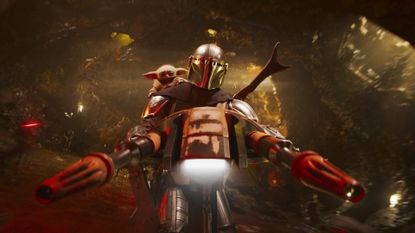 Baby Yoda and Din Djarin riding on a speeder bike through a tunnel in The Mandalorian and Grogu