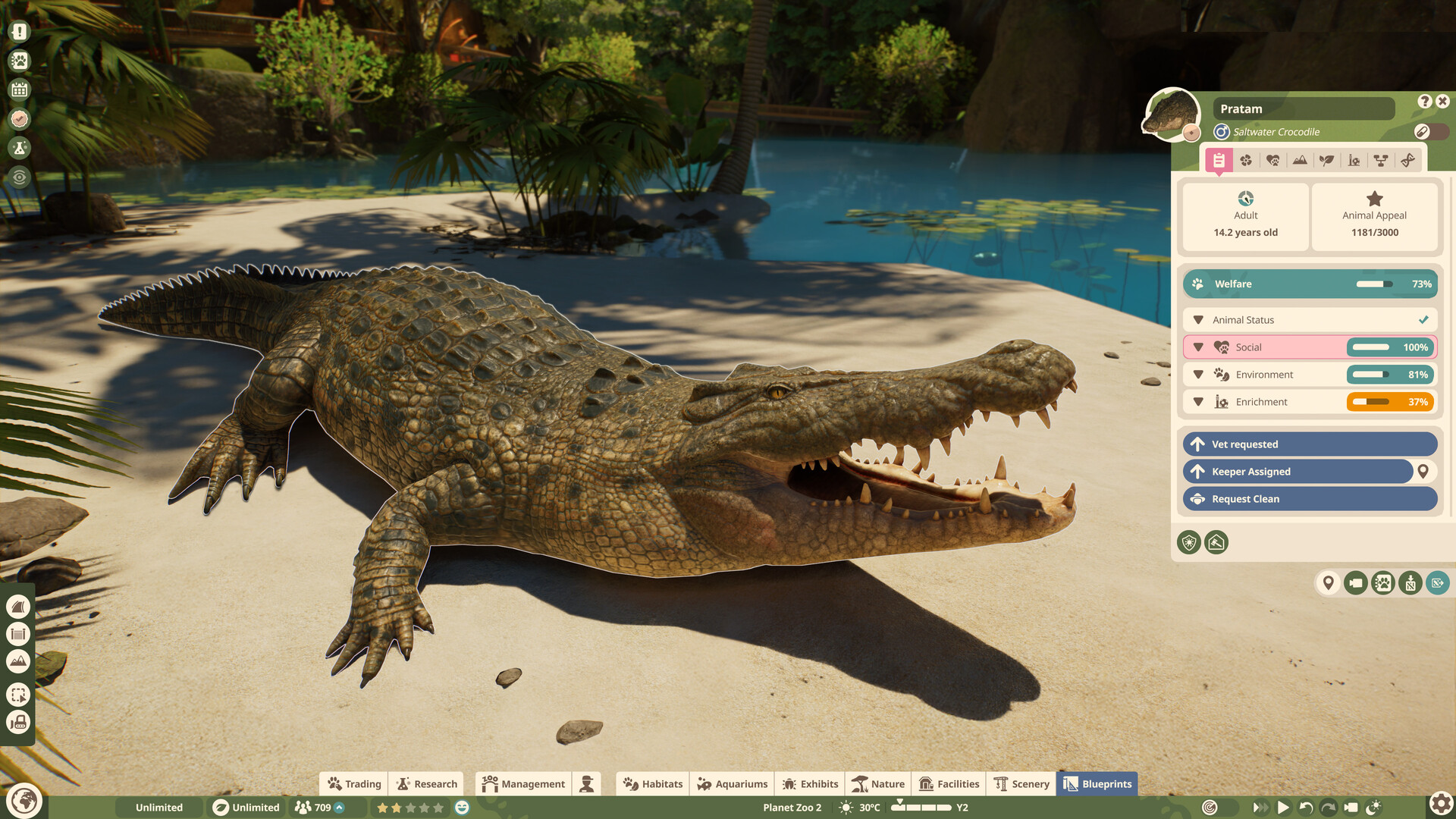 Viewing a crocodile's welfare panel in Planet Zoo 2