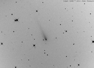 John Chumack sent SPACE.com this photo negative of comet ISON taken on the morning of Oct. 9 from his dark-sky site at John Bryan State Park in Yellow Springs, Ohio. “I will be imaging the comet every clear night I get through Perihelion Passage, on Nov. 28, and throughout December and January,” he wrote SPACE.com in an email. He used a QHY8 cooled single shot color CCD camera and his homemade 16" Diameter F4.5 Newt. Telescope to take the photo.