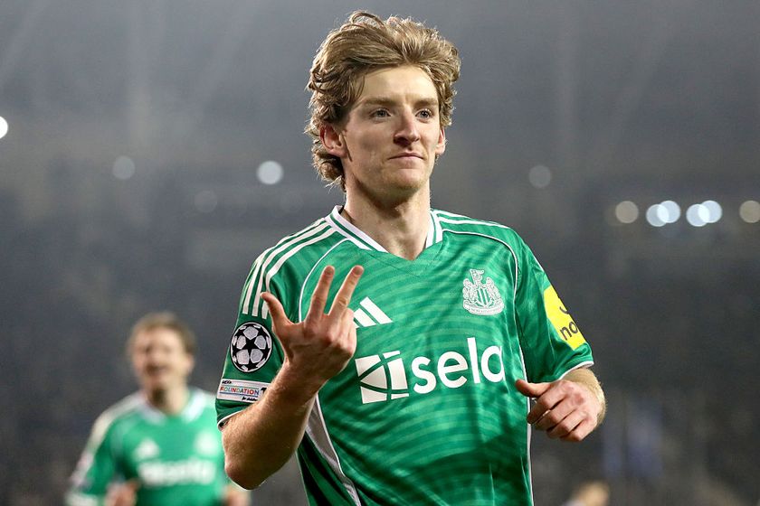 Anthony Gordon of Newcastle United celebrates scoring his team's third goal from the penalty spot during the UEFA Champions League 2025/26 League Knockout Play-off First Leg match between Qarabag FK and Newcastle United FC at Tofiq Bahramov Stadium on February 18, 2026 in Baku, Azerbaijan.