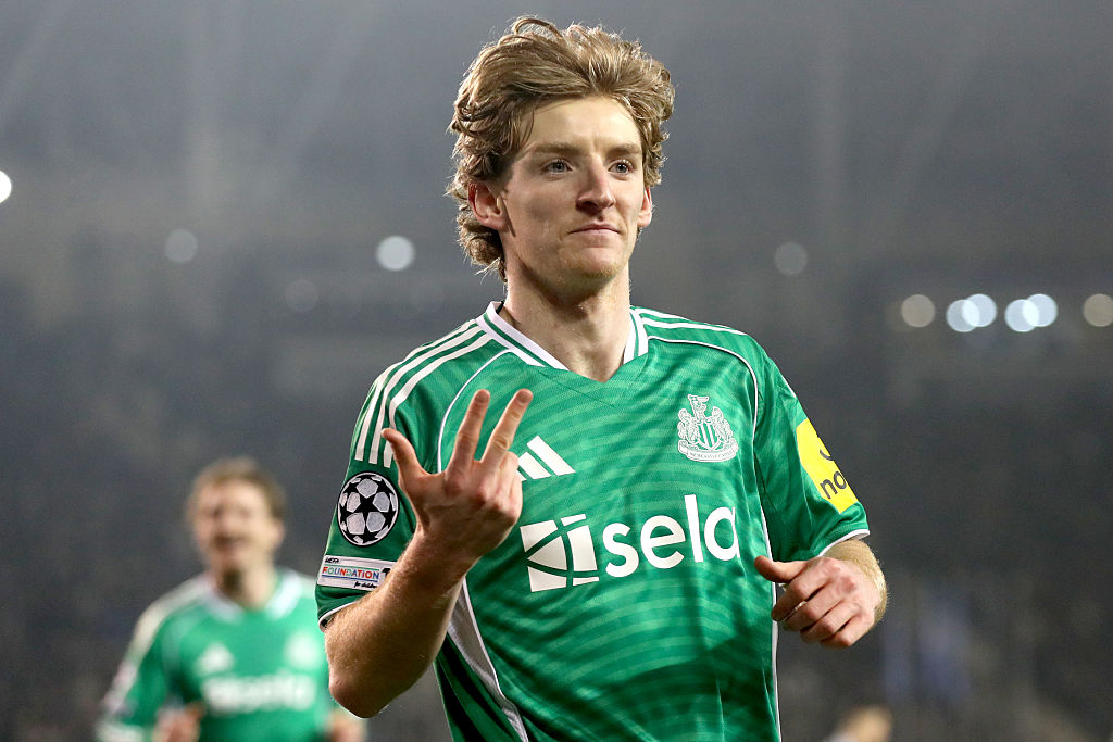 Anthony Gordon of Newcastle United celebrates scoring his team's third goal from the penalty spot during the UEFA Champions League 2025/26 League Knockout Play-off First Leg match between Qarabag FK and Newcastle United FC at Tofiq Bahramov Stadium on February 18, 2026 in Baku, Azerbaijan.