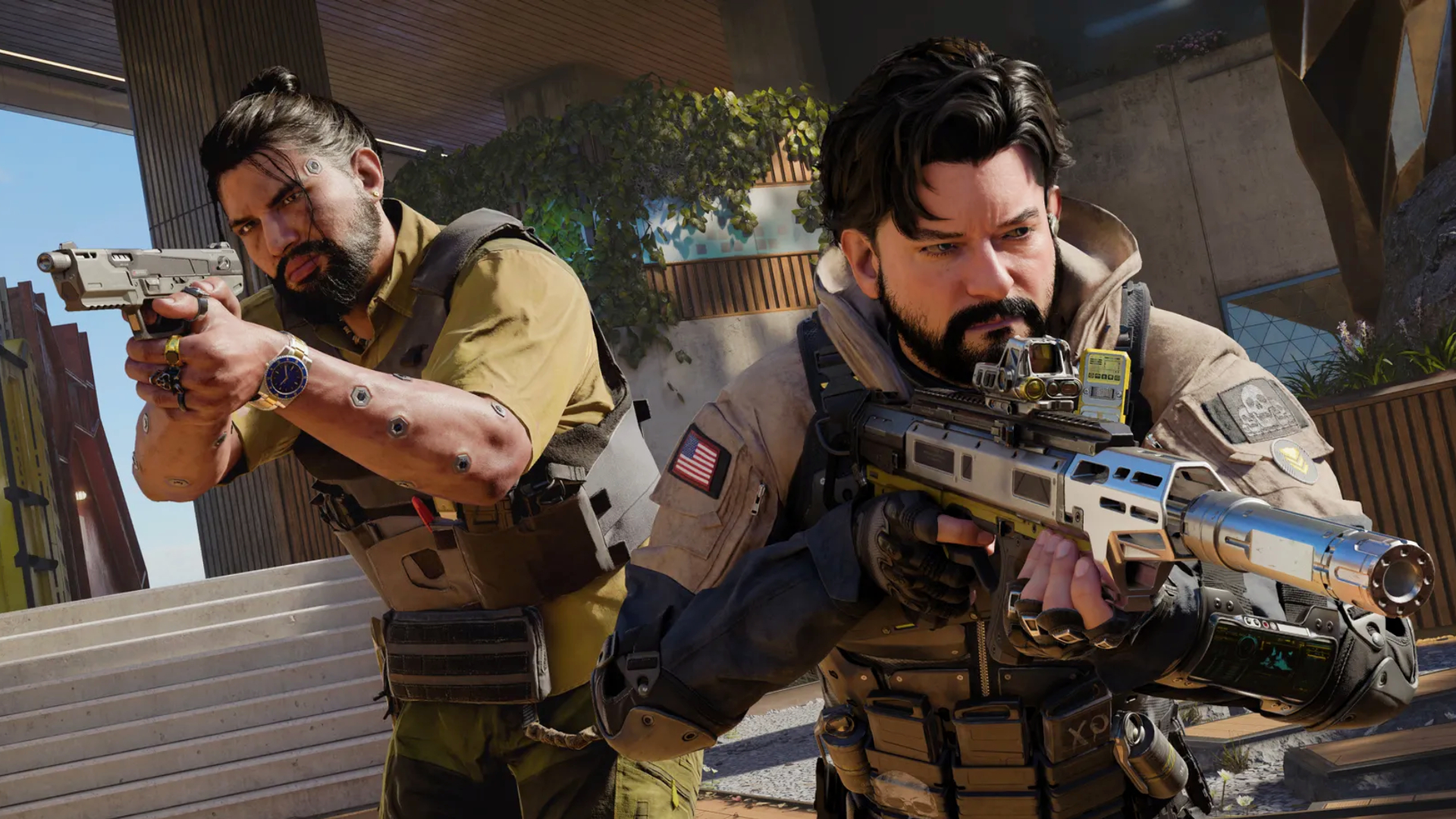 Black Ops 7 Season 1: An upper-body shot of two soldiers, weapons at the ready, cautiously walking towards the camera at the base of a staircase.