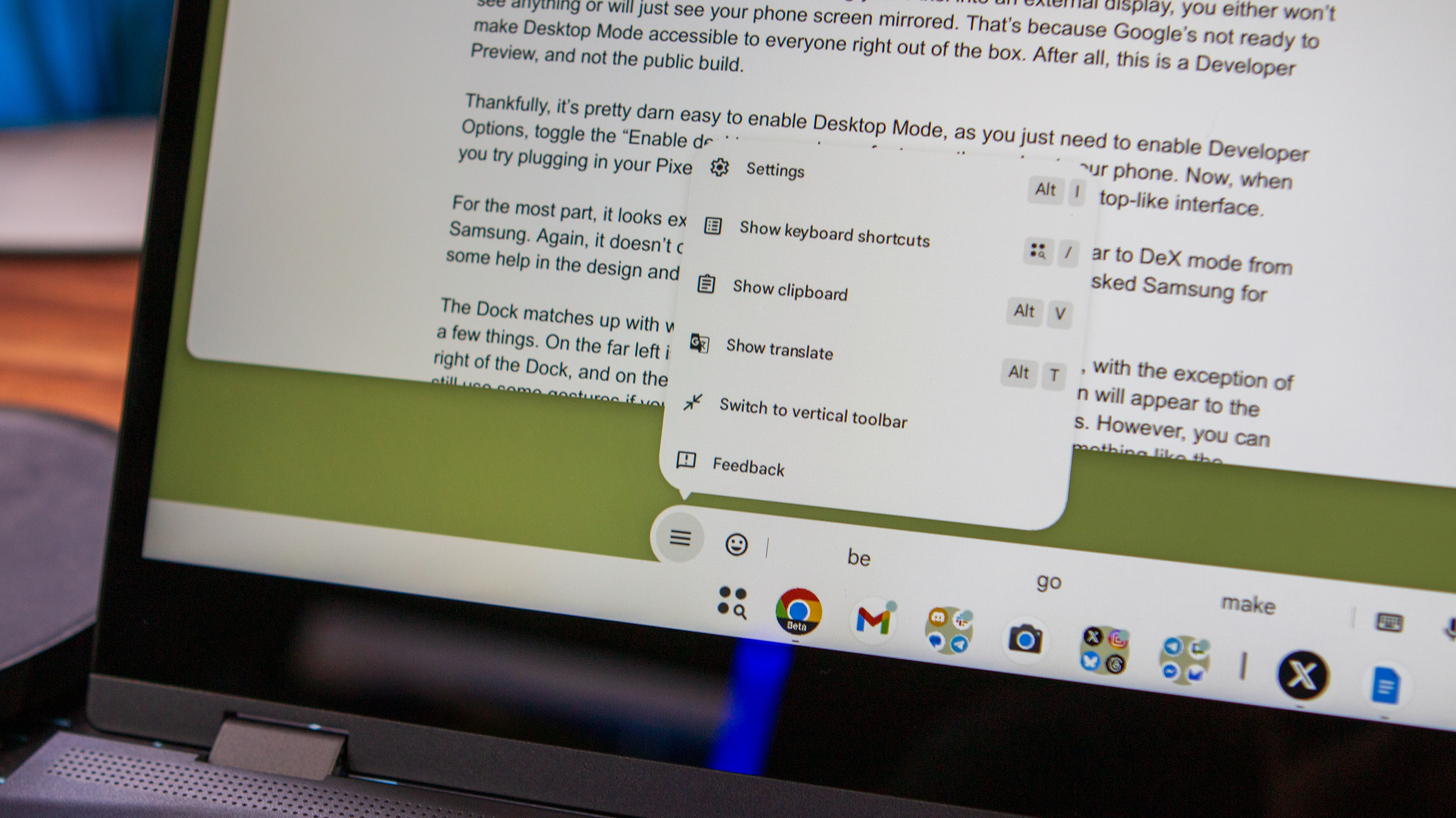 Text insertion toolbar settings pop-up