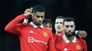 Marcus Rashford of Manchester United celebrates with his teammates after scoring his team's third goal during the FA Cup third round match between Manchester United and Everton on 6 January, 2023 at Old Trafford in Manchester, United Kingdom.