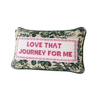 Love That Journey For Me throw pillow with green florals and pink letters