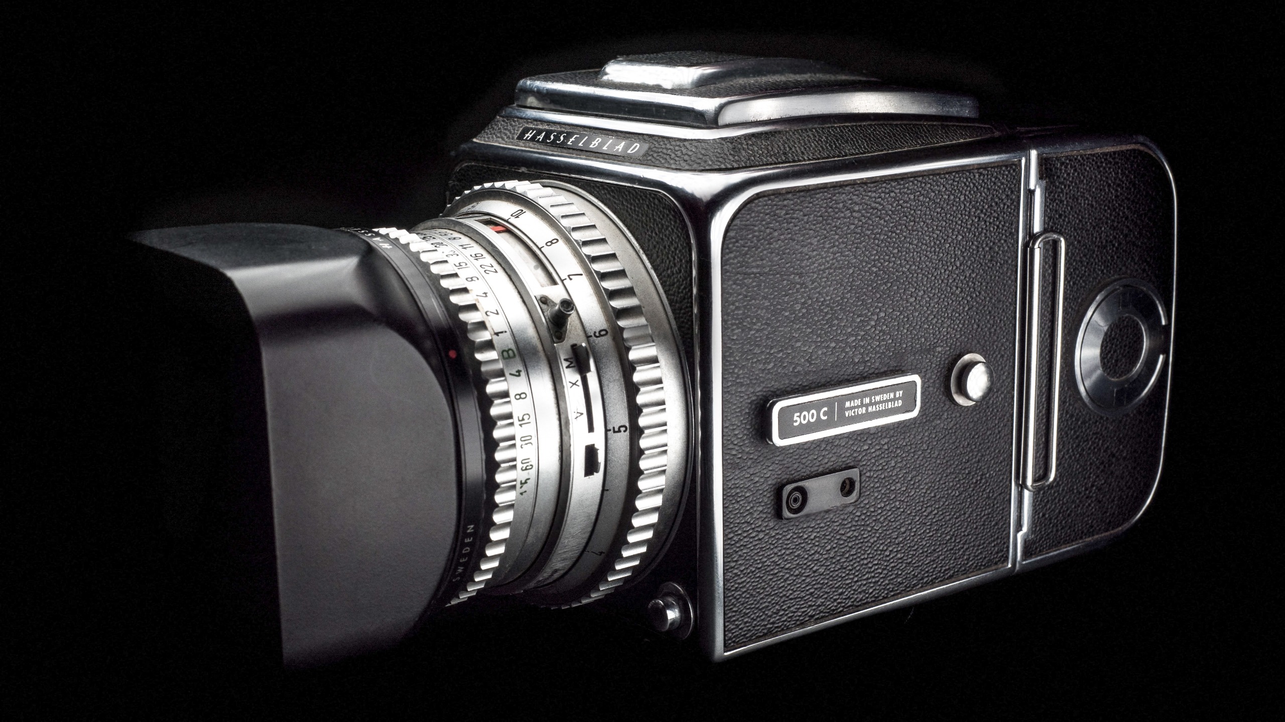 Hasselblad 500 C camera against black backdrop