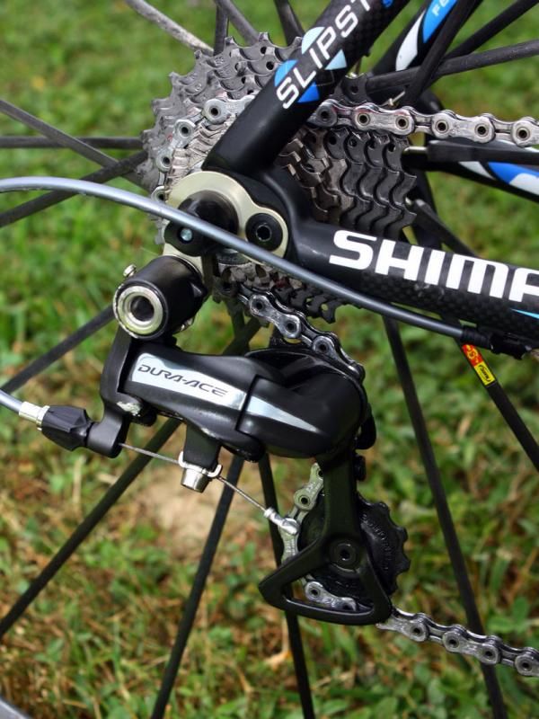 The rear derailleur is mounted to a stout replaceable hanger.