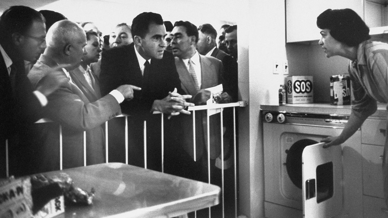 Nikita Khrushchev and Richard Nixon in a heated ideological debate beside a model kitchen © Howard Sochurek/The LIFE Picture Collection via Getty Images