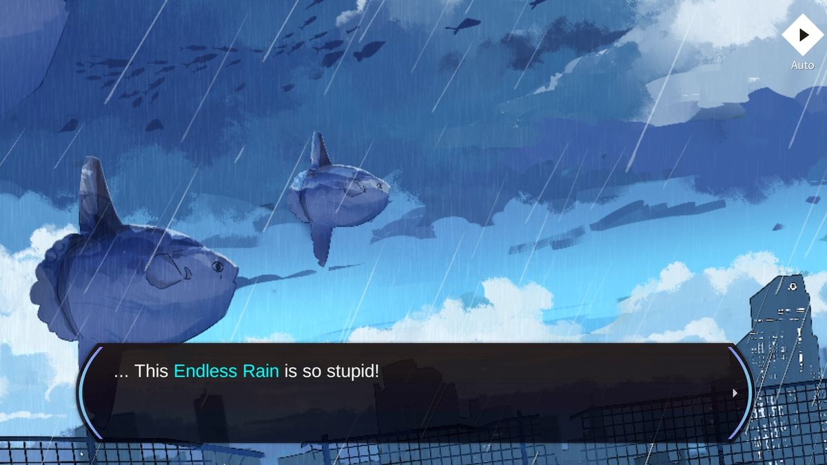 Sunfish swim across the skies over Aquaria, a planet flooded by never ending rain.