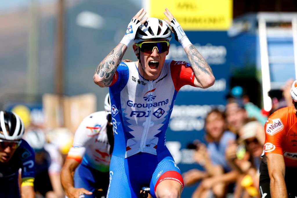 VALREVERMONT FRANCE AUGUST 09 Jake Stewart of United Kingdom and Team Groupama FDJ celebrates winning during the 34th Tour de lAin 2022 Stage 1 a 152km stage from ChtillonSurChalaronne to ValRevermont TDA22 on August 09 2022 in ValRevermont France Photo by Bas CzerwinskiGetty Images