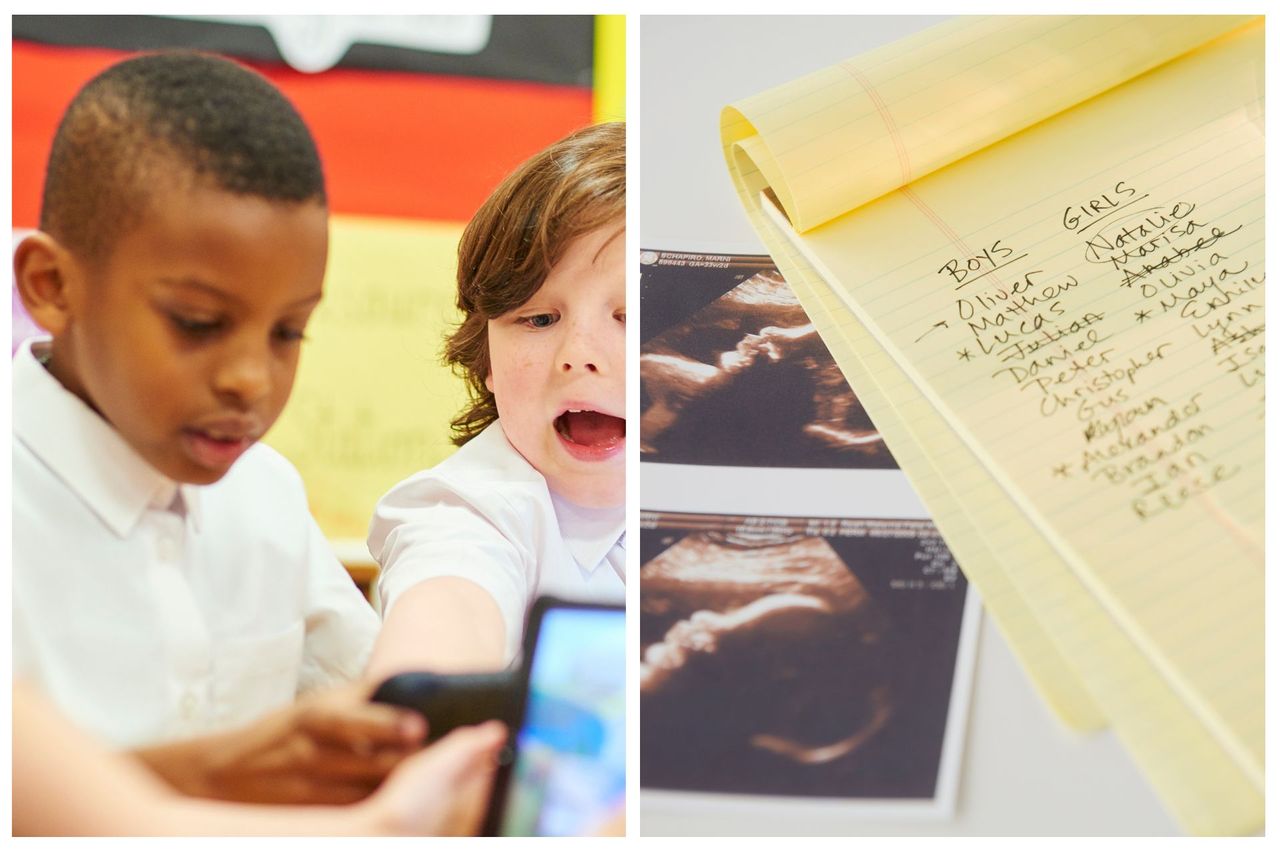 school boys image next to list of baby names and scan pics