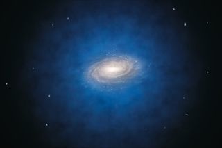 An artist's impression of the dark matter halo (blue) that is believed to surround the Milky Way galaxy.