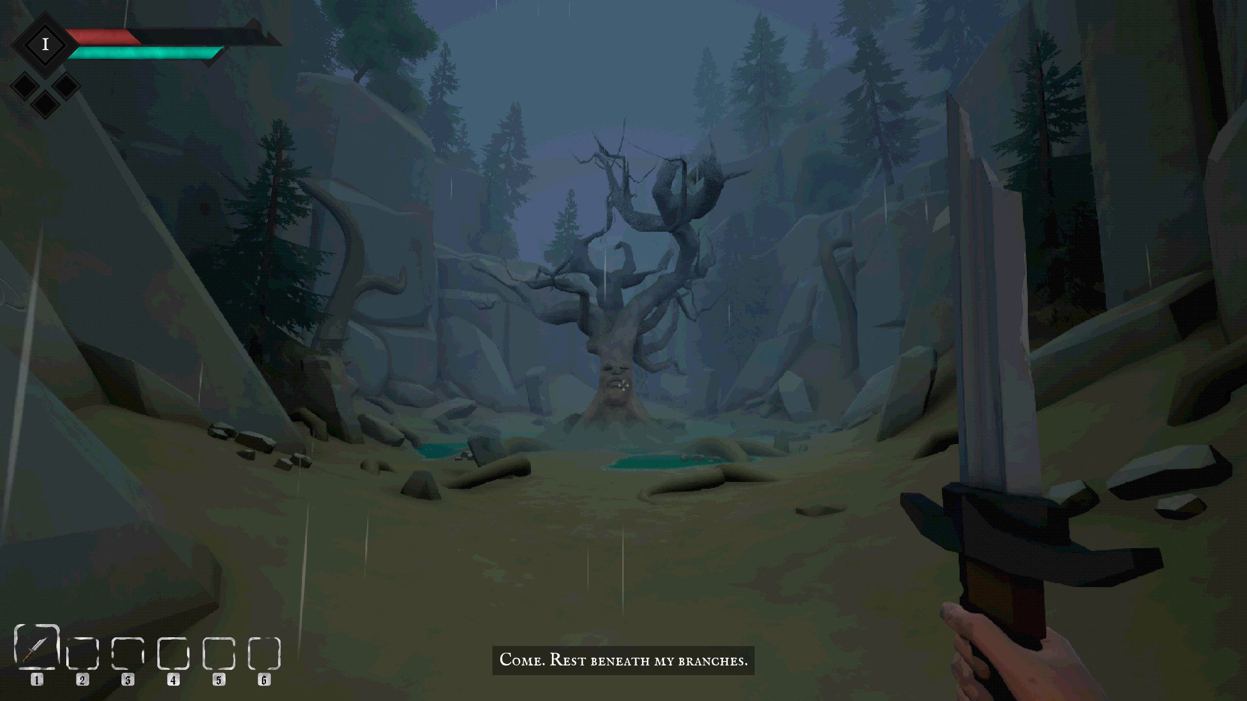 A twisted tree with a face carved into it sits in the middle of a ravine.