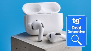 a photograph of airpods pro 3 with tom's guide savings squad black friday deal detective badge