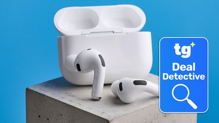 a photograph of airpods pro 3 with tom's guide savings squad black friday deal detective badge