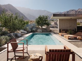 swimming pool and desert view at Desert Palisades house