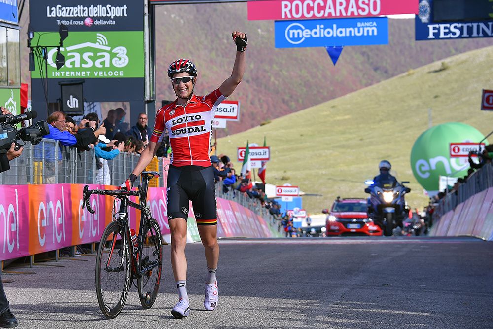 Tim Wellens (Lotto Soudal) celebrates his Giro d'Italia stage win