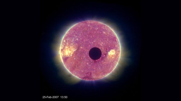 A 2007 image from the APL-built STEREO B spacecraft of the moon crossing in front of the sun. A new conceptual study proposes to observe the Earth in a similar way, to learn if the transit method can determine a planet’s habitability.