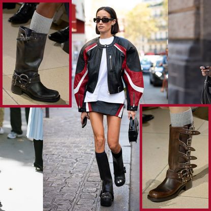 a collage of a woman wearing moto boots and runway images of moto boots