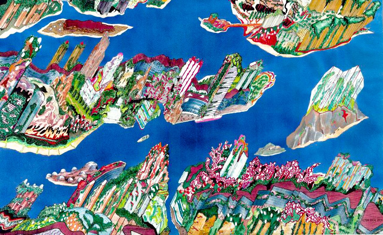 Blue drawing entitled &#039;Island City&#039; by Peter Cook