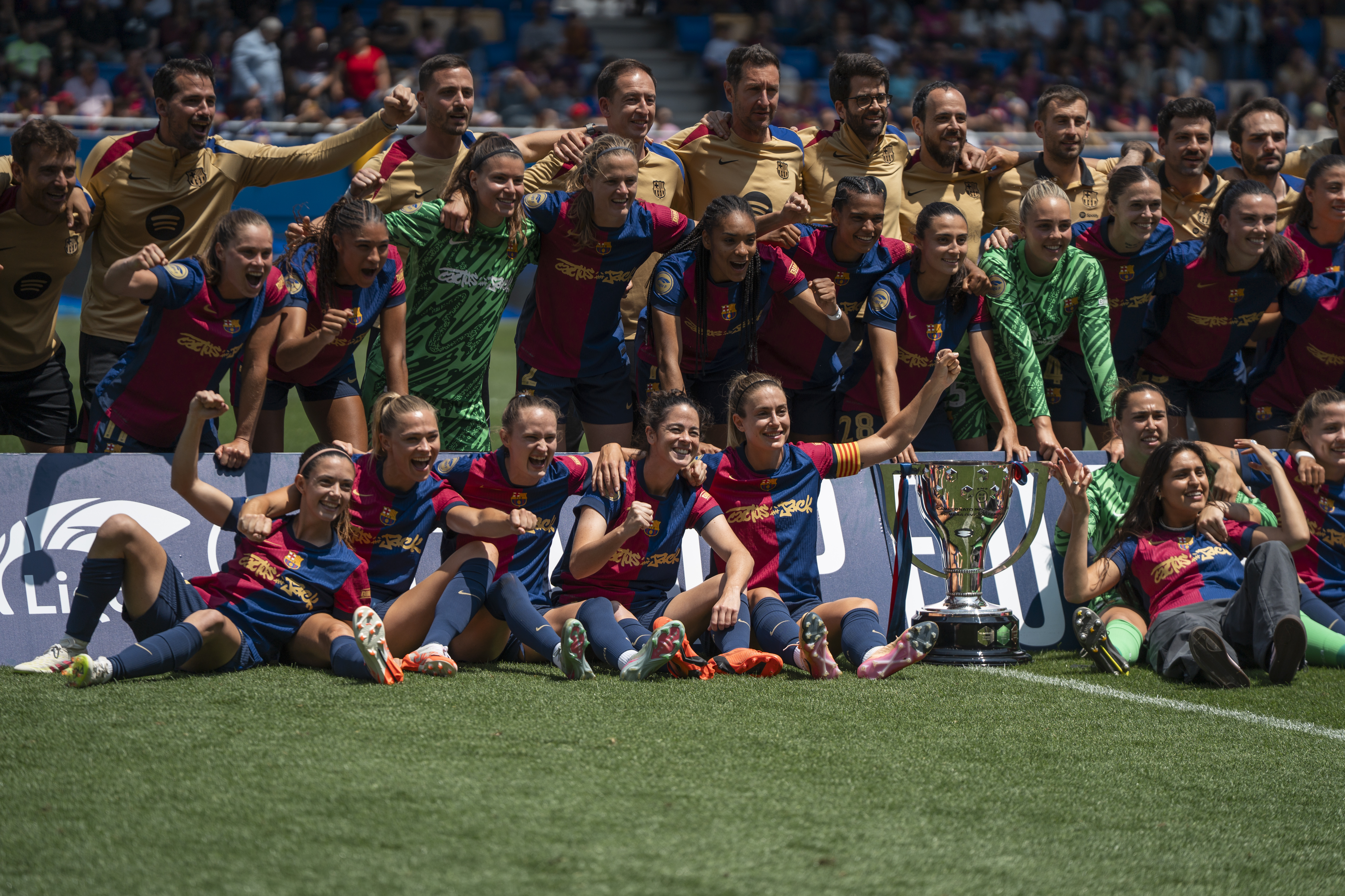 The FC Barcelona women&#039;s team celebrates with the 2025 league winners&#039; cup at the MATCHDAY 30 Liga F match between FC Barcelona and Athletic Club, the last game of the season, at Estadi Johan Cruyff in Barcelona, Spain, on May 18, 2025.