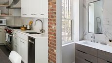 a modern kitchen with a brick wall and bathroom with marble backsplash