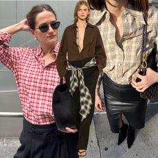 A collage of Eliza Huber wearing different plaid fashion items and a Kallmeyer model wearing plaid in the F/W 25 show.