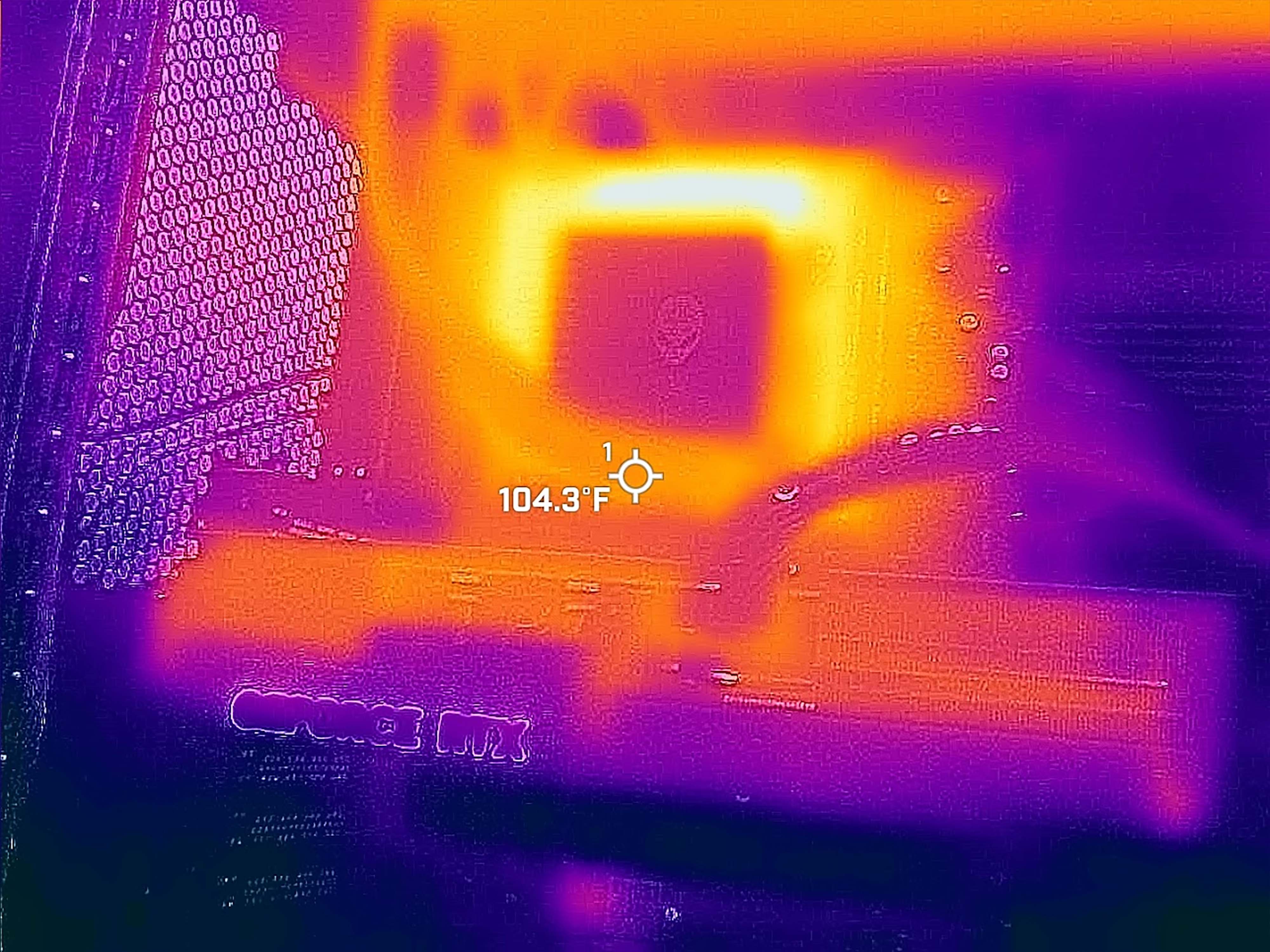 Photo taken with a thermal camera that focuses on the Area-51 Desktop's GPU and CPU area.