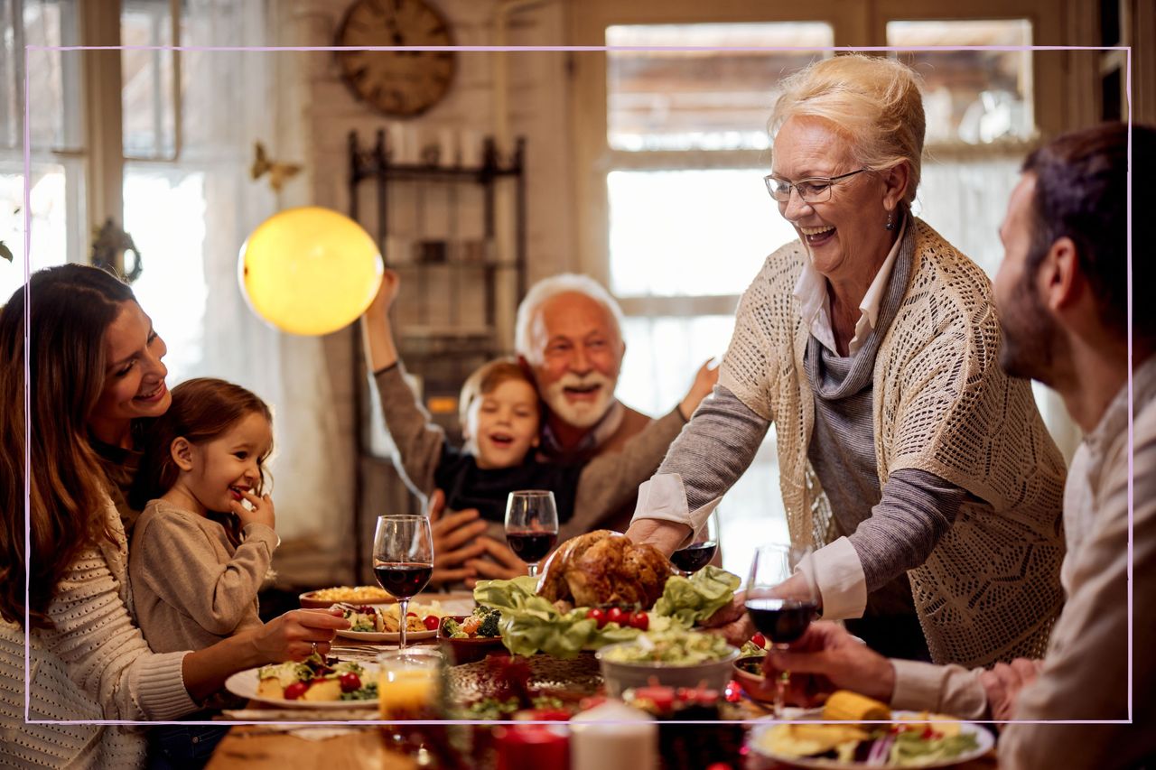 Family eating with their grandparents at the dinner table