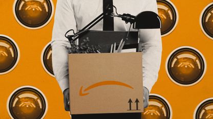 Photo collage of a man carrying a box full of office equipment after getting laid off. The box is labelled with Amazon's arrow, shown upside down like a frown.