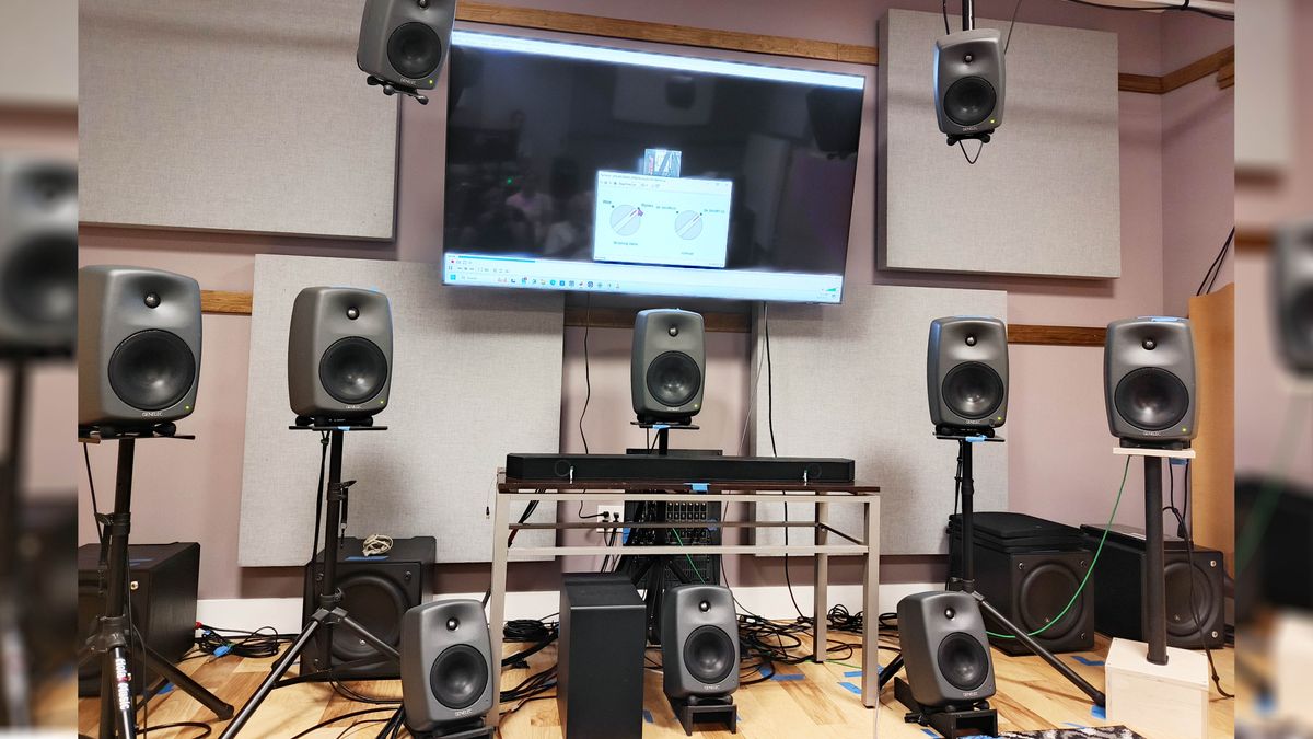 An array of Genelec speakers with. a Samsung soundbar in the middle at the Samsung Audio Lab