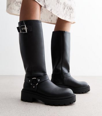 Black Leather Buckle Knee High Motorcycle Boots