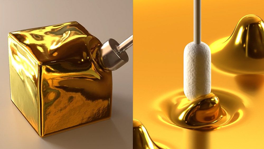 Images from a Blender animation showing golden 3D jelly cubes being prodded