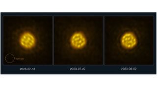 three side-by-side images showing a fuzzy yellow star with bubbles of activity visible on its surface