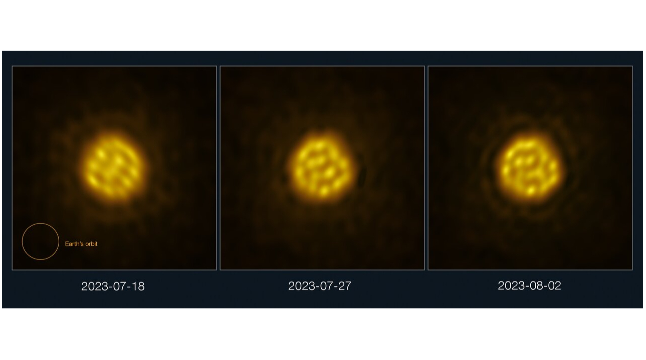 three side-by-side images showing a fuzzy yellow star with bubbles of activity visible on its surface