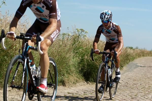 AG2R-La Mondiale riders practise on the pav&eacute;