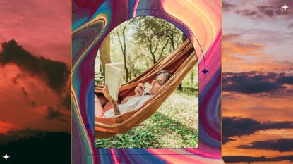 a woman relaxing in a hammock sipping tea multicolored backgrounds; mercury retrograde effects feature
