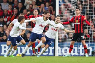 Rodrigo Bentancur of Tottenham Hotspur leads the celebrations after he scores a goal to make it 3-2 during the Premier League match between AFC Bournemouth and Tottenham Hotspur at Vitality Stadium on October 29, 2022 in Bournemouth, England.