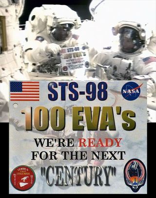 NASA astronauts Tom Jones, at right, and Bob Curbeam, as STS-98 mission specialists, highlighted their having made the 100th U.S. spacewalk while out on a spacewalk in 2001. Under NASA's new count, the 100th EVA was instead performed by STS-92 crewmates Michael Lopez-Alegria and Jeff Wisoff in 2000.