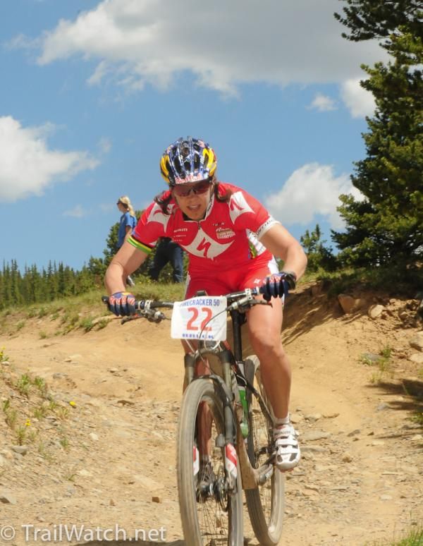 Rebecca Rusch (Specialized) ready to descend off Lincoln Hill.