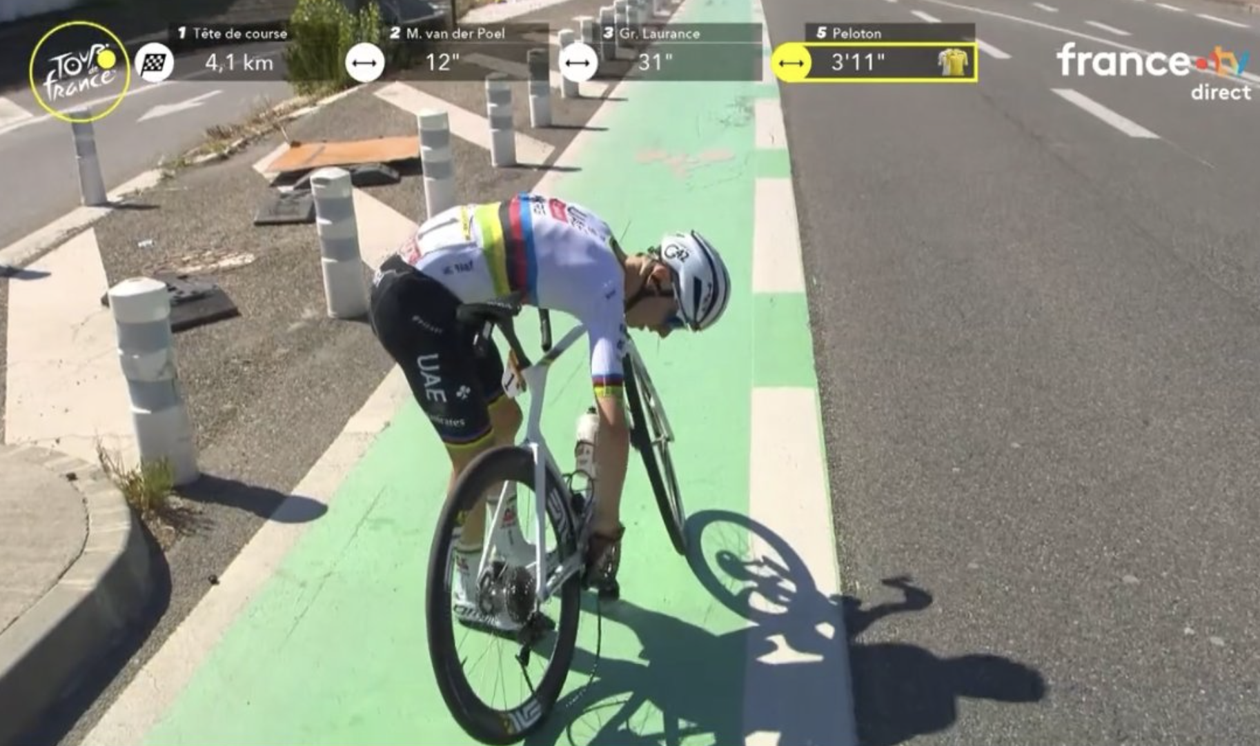Cameras from France TV show the moment that world champion Tadej Pogačar tends to his chain in order to remount his bike and continue to finish after solo crash with 4.1km to go into Toulouse