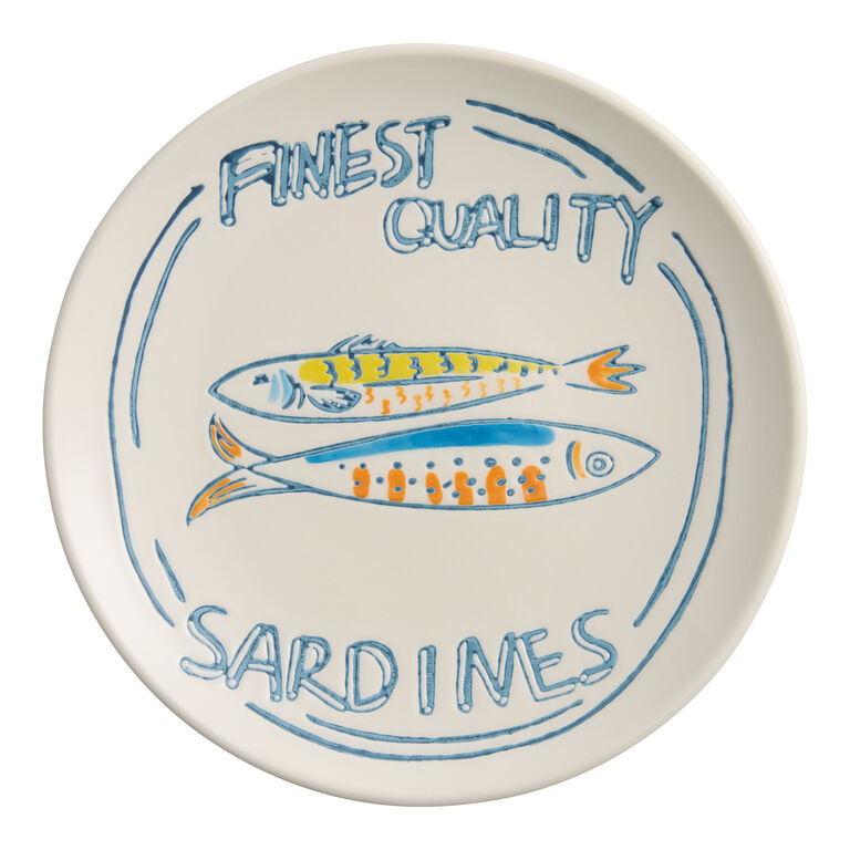 Ivory and Blue Wax Resist Sardines Hand Painted Salad Plate
