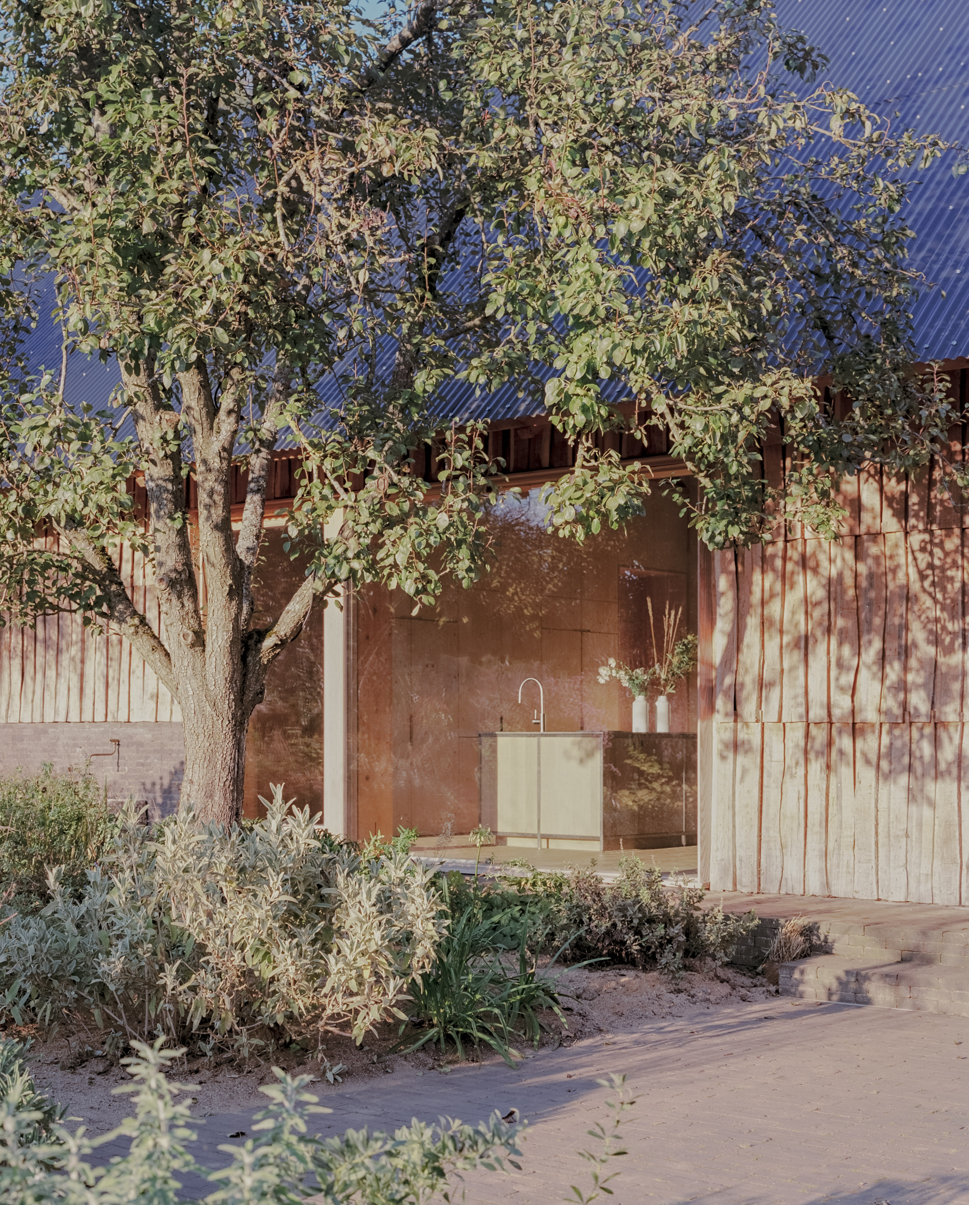 The Apple House, timber building with shingles and pitched roof set among wildflower fields