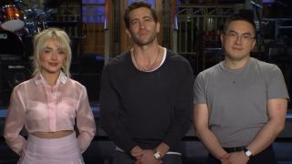 From left to right: Sabrina Carpenter, Jake Gyllenhaal and Bowen Yang standing together in an SNL promo.