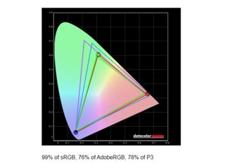 The Lenovo Legion 5i (Gen 9)'s display benchmark results, showing 99% of sRGB, 76% of AdobeRGB, and 78% of DCI-P3 color gamuts.