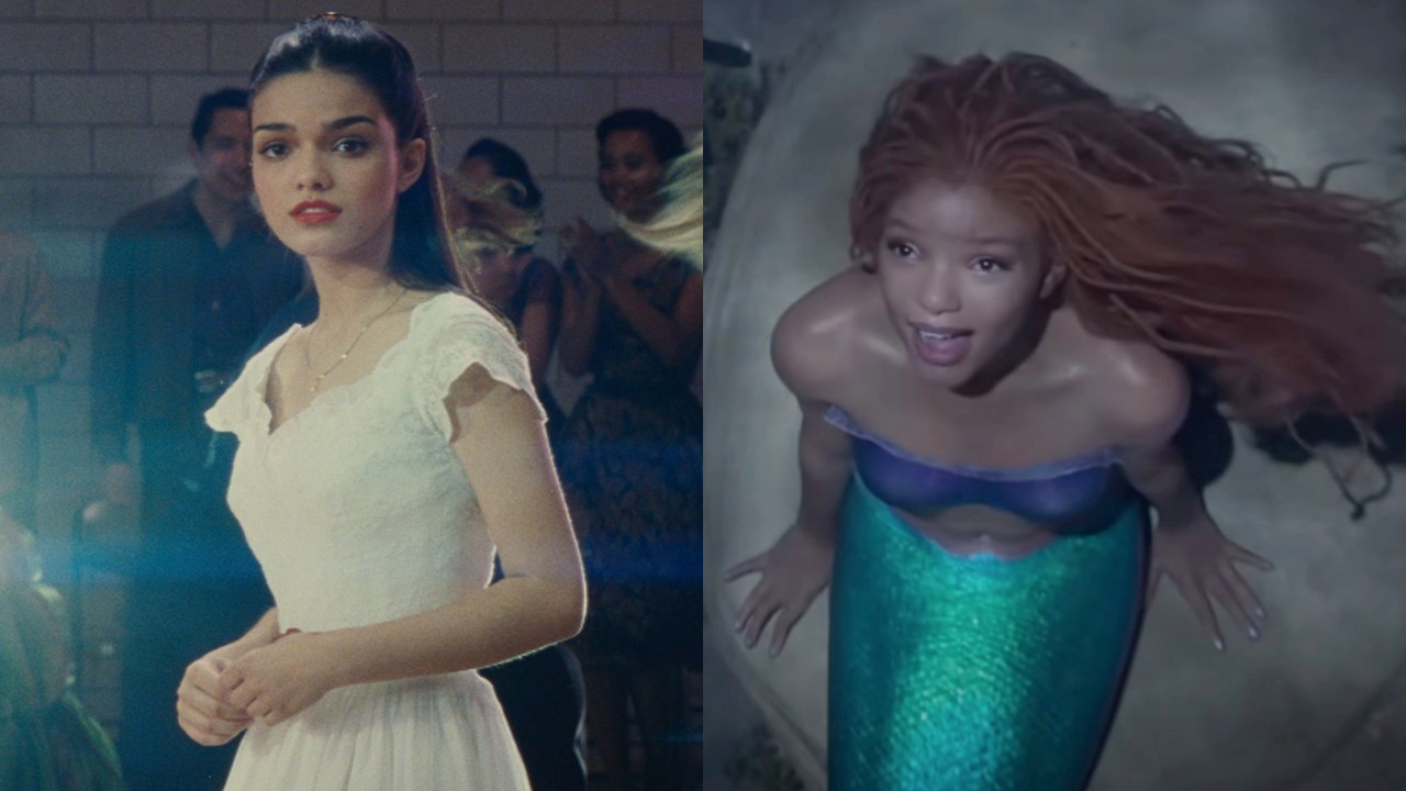 Rachel Zegler as Maria in West Side Story wearing a white dress. Halle Bailey as Ariel in The Little Mermaid singing Part of Your World.