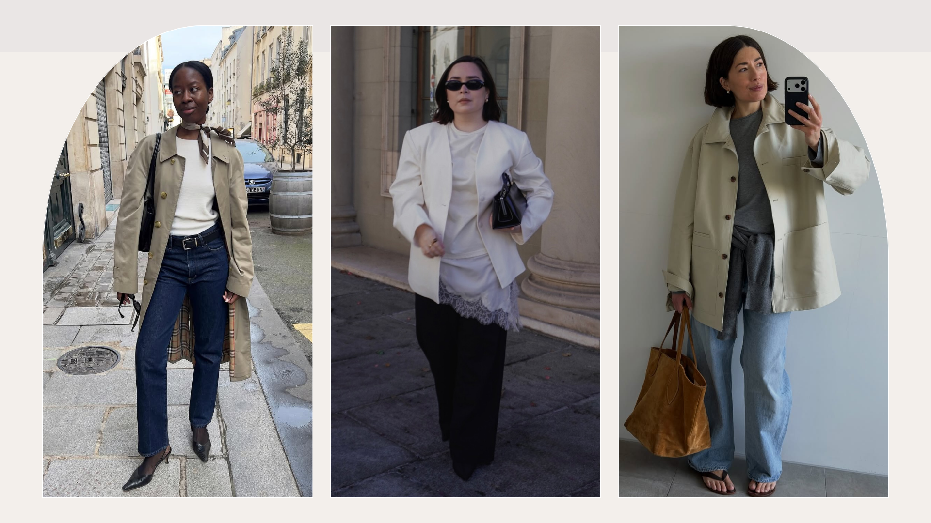 Influencers Sylvie Mus, Lucy Alston and Indira C wearing transitional outfits. 