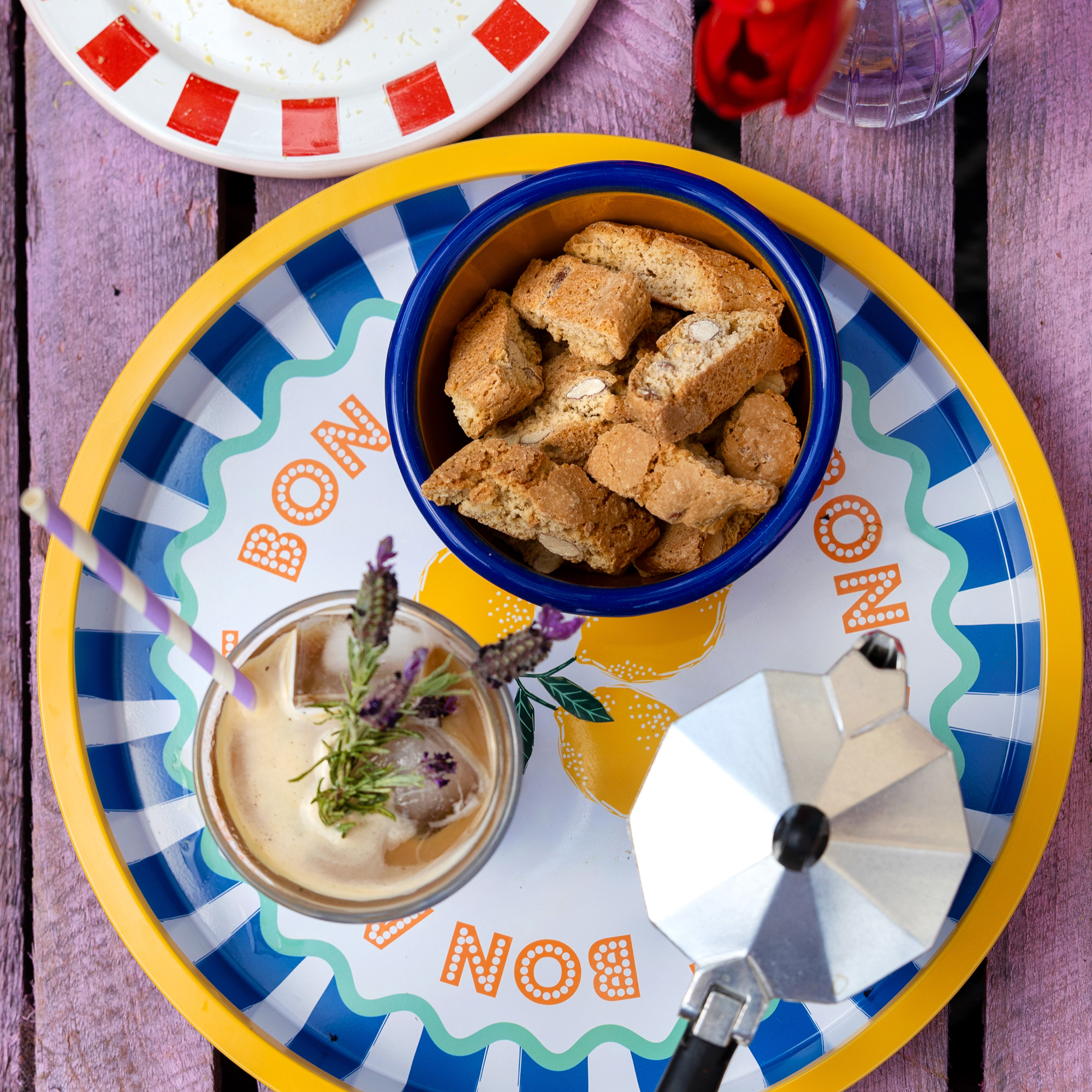 colourful tray with lavender iced coffee and cafetière