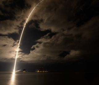 An Atlas V rocket carrying NASA's Lucy spacecraft launches in a 2.5-minute exposure captured on Oct. 16, 2021.