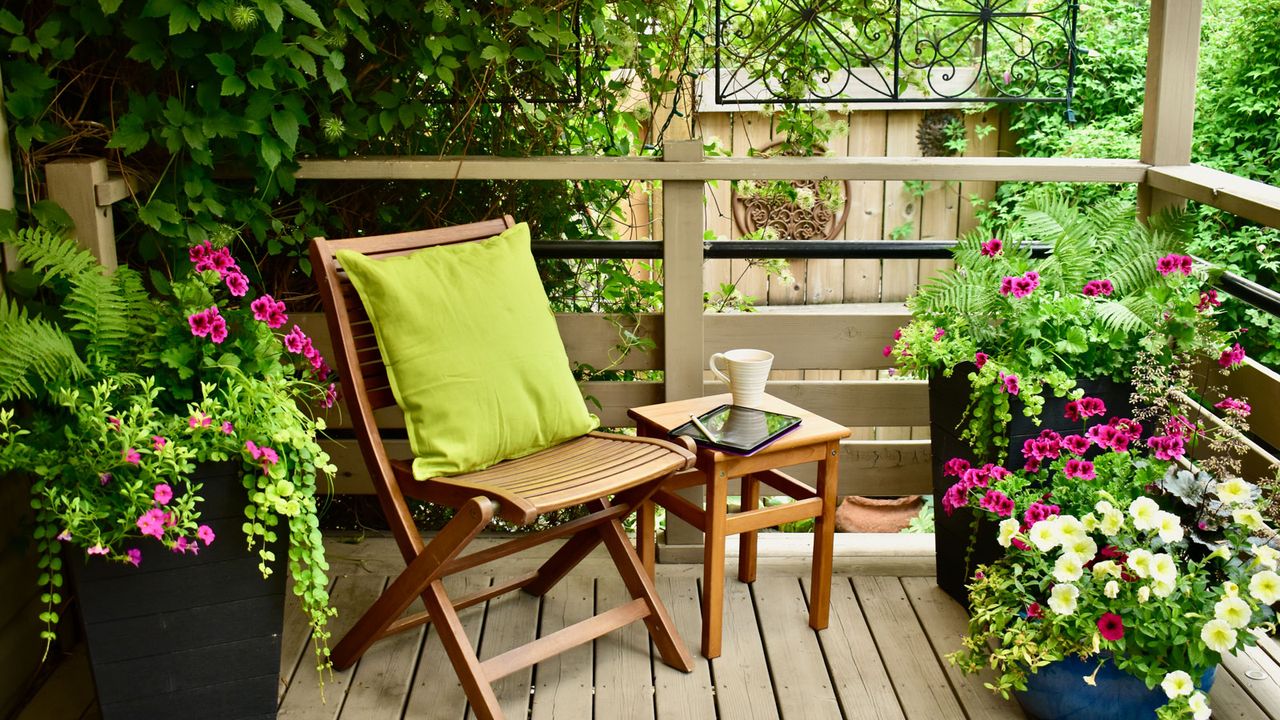 backyard patio with chair, plants and ornaments